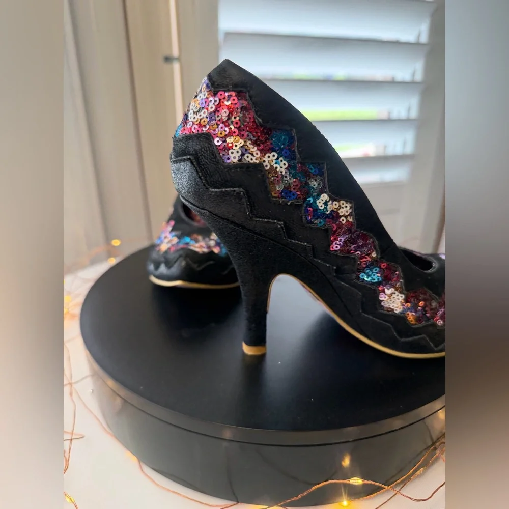 Poetic License by Irregular Choice Women's Black Sequin Zigzag High Heels, 39/8 - Picture 11 of 14